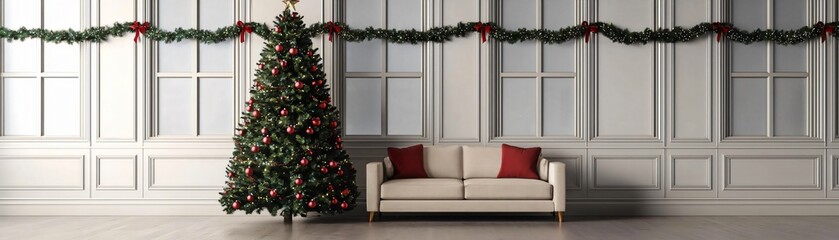 A cozy living room decorated for Christmas, featuring a beautifully adorned tree and a stylish sofa with festive cushions.
