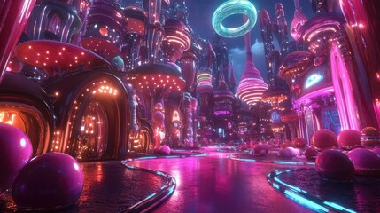 Obraz premium A vibrant, futuristic cityscape with colorful neon lights and unique architecture, creating an enchanting and surreal ambiance.