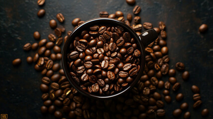 Obraz premium top view of coffee beans on dark decorative background