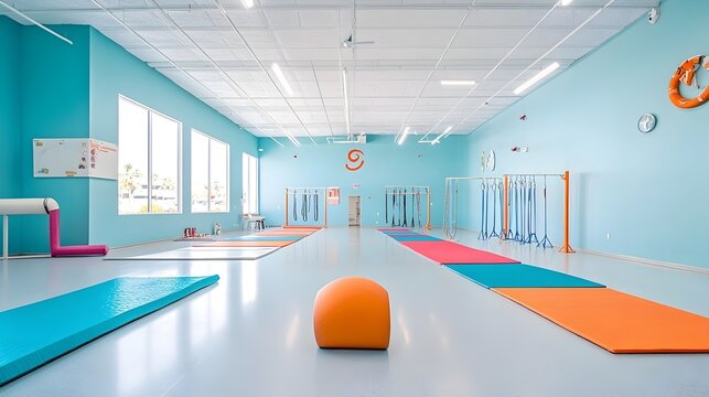 A clean and meticulously arranged indoor gymnastics facility with mats balance beams and parallel bars perfectly set up for fitness training and athletic performance