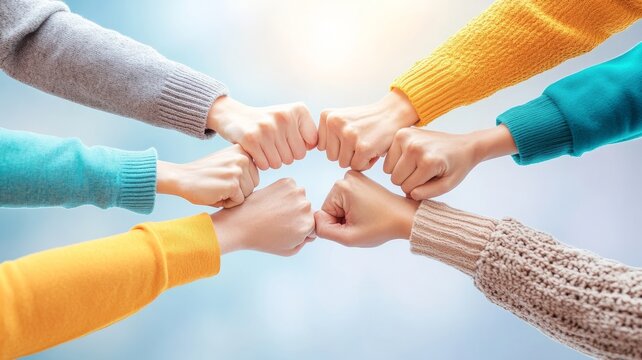 Group of diverse hands making a fist bump in solidarity during a bright day, symbolizing teamwork and unity among friends