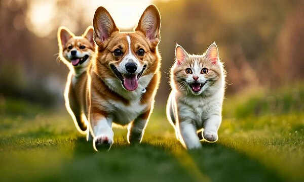 Playful Companions: A Dog and Cat Running in a Field