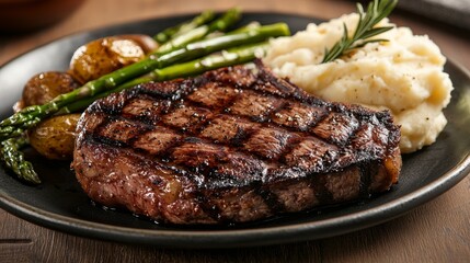 A sizzling steak cooked to perfection, adorned with grill marks and served with a side of buttery mashed potatoes and roasted asparagus, Steak centered, Warm overhead lighting accentuating the rich co