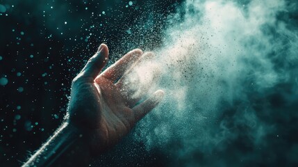 Obraz premium A hand releasing a cloud of dust in an ethereal light, symbolizing the blend of nature and technology.