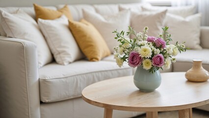 Beautiful floral arrangement in vase on wooden table in cozy living room