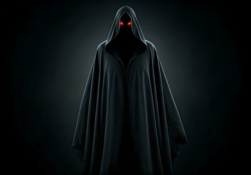 Halloween ghost in the dark, evil spirit dressed in black with red eyes background