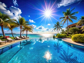 Fototapeta premium Relaxing Beach Vacation Scene with a Sparkling Pool and Clear Blue Ocean Under a Bright Sky