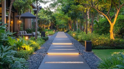 Fototapeta premium A stone pathway lit by warm lights winds through a lush green garden.