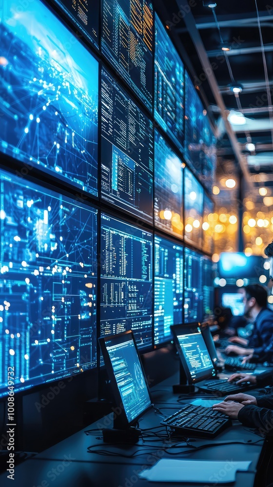 Poster a high-tech workspace with multiple screens displaying data analytics, showcasing modern digital tec
