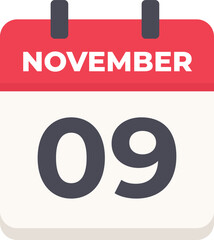 09 November- Daily Calendar Icon in flat design style red and white