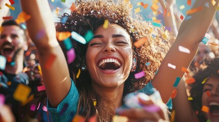Obraz premium A joyful woman celebrating with confetti, surrounded by a lively crowd, showcasing pure happiness and festive spirit.