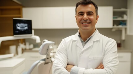Obraz premium Male dentist smiling in dental clinic. Dentistry concept, healthy white teeth. Dentist in office.