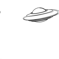 Minimalistic one line vector outline drawing of a UFO flying saucer flying in the sky