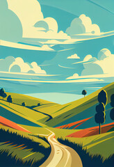 Obraz premium Illustration of Rolling Hills with Expansive Cloudy Sky