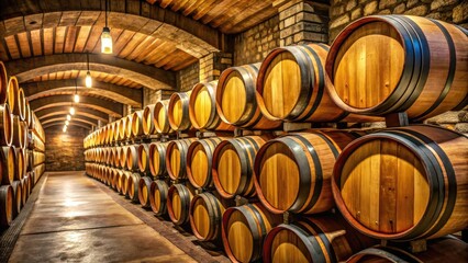 Rustic Oak Barrels Stacked in a Wine Cellar Offering a Timeless Aesthetic for Beverage Industry Use