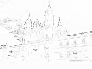 illustration, building, monument, black and white, outline, patt