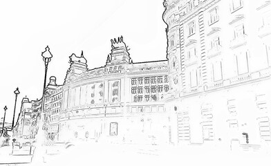 illustration, building, monument, black and white, outline, patt