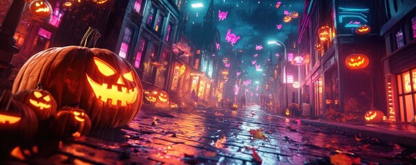 A spooky Halloween night scene featuring glowing jack-o'-lanterns lining a misty, moonlit street filled with vibrant lights.