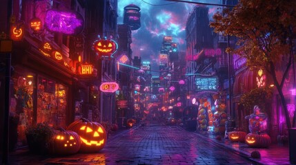 Obraz premium A vibrant Halloween street scene with glowing pumpkins and colorful lights, creating a spooky yet festive atmosphere.
