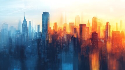 Fototapeta premium A vibrant city skyline with warm and cool colors in the background, representing the duality of urban life and its challenges.