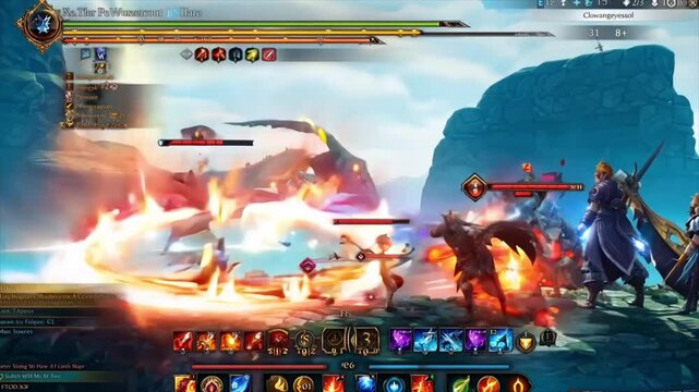 side scrolling rpg mmo characters fighting a battle video game gameplay Generative AI