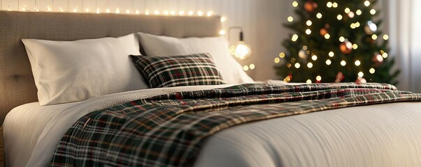 Cozy bedroom scene with a festive blanket on the bed and a beautifully decorated Christmas tree in the background.