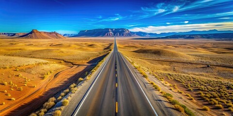 Fototapeta premium Scenic deserted road stretching through a vast landscape under a clear blue sky with no vehicles