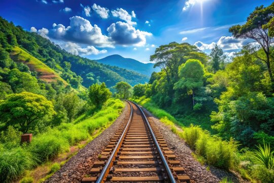 Scenic Double Track Railway Surrounded by Lush Greenery Under Clear Blue Sky on a Sunny Day