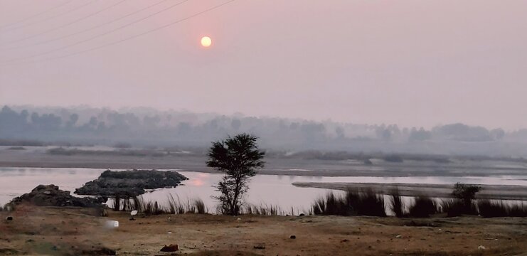 Sunset over the lake, Sunset at river Damodar