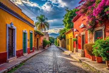 Obraz premium Scenic rural road in Mexico surrounded by vibrant landscapes and traditional architecture at sunset