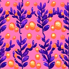 Abstract Watercolor Floral Pattern with Orange and Purple Elements on Pink Background