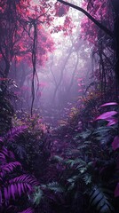 Fototapeta premium A mystical forest with vibrant purple foliage and mist, creating an enchanting and serene atmosphere for exploration.