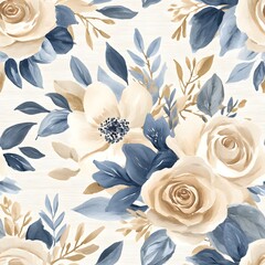 Watercolor Floral Seamless Pattern   Blue and Beige Roses with Leaves