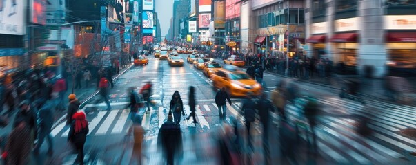 Obraz premium A bustling city street with fast-moving taxis, blurred crowds, and vibrant lights, capturing the energy of a metropolitan environment.