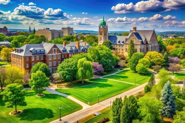 Fototapeta premium Scenic view of a vibrant university campus with historic architecture and lush green spaces in Ohio