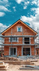 A newly built house under construction surrounded by scaffolding and materials against a clear blue sky.