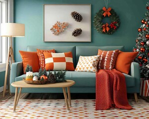 Cozy holiday living room featuring a teal sofa, festive pillows, and Christmas decor with a tree and warm lighting.