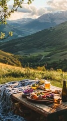 Obraz premium A picturesque outdoor picnic scene with a scenic mountain view, showcasing delicious food and refreshing drinks on a wooden table.