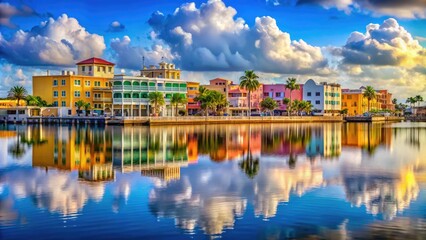 Fototapeta premium Scenic View of Downtown Lake Worth Florida with Vibrant Architecture and Serene Water Reflections