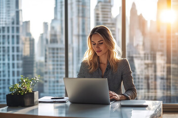 Fototapeta premium Modern Businesswoman Elegantly Working in City Skyline Office 