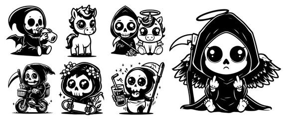 black vector set of cute baby grim reaper in cartoon style illustrations