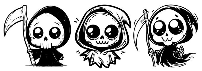 hand-drawn cute baby grim reaper illustrations in black vector set