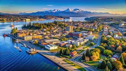 Naklejka premium Scenic View of Everett Washington State Featuring Waterfront, Mountains, and Vibrant City Landscape