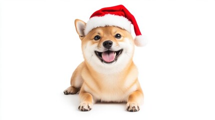 Cute Shiba dog wearing a Christmas hat, white isolated background