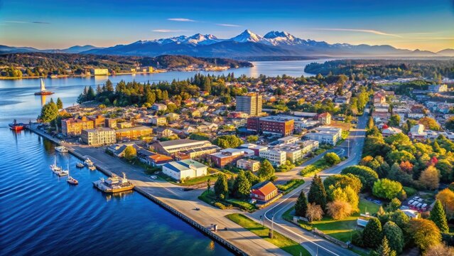Scenic View of Everett Washington State Featuring Waterfront, Mountains, and Vibrant City Landscape