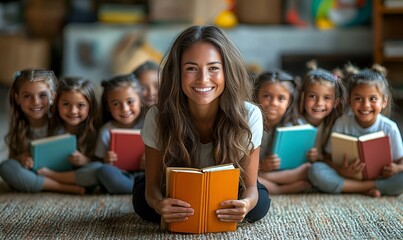 Obraz premium a person reading a book with several children