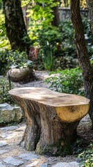 Obraz premium A rustic wooden bench set in a serene garden, surrounded by lush greenery and natural elements, perfect for relaxation.