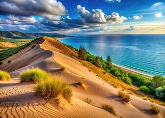 Obraz premium Scenic View of Great Bear Dunes in Michigan Showcasing Natural Beauty and Majestic Sand Dunes