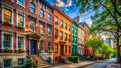 Obraz premium Scenic View of Historic Buildings in Greenwich Village, New York City Under Clear Blue Sky