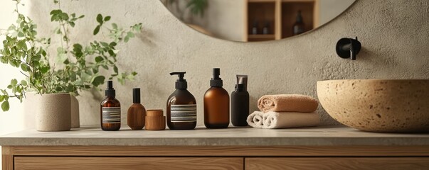 A serene bathroom setup featuring eco-friendly skincare products, natural materials, and soft lighting.